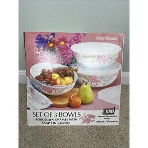 VTG GMI Enamelware Nesting Bowls Set of 3 Snap On Lids Spring Blossoms NIB Read